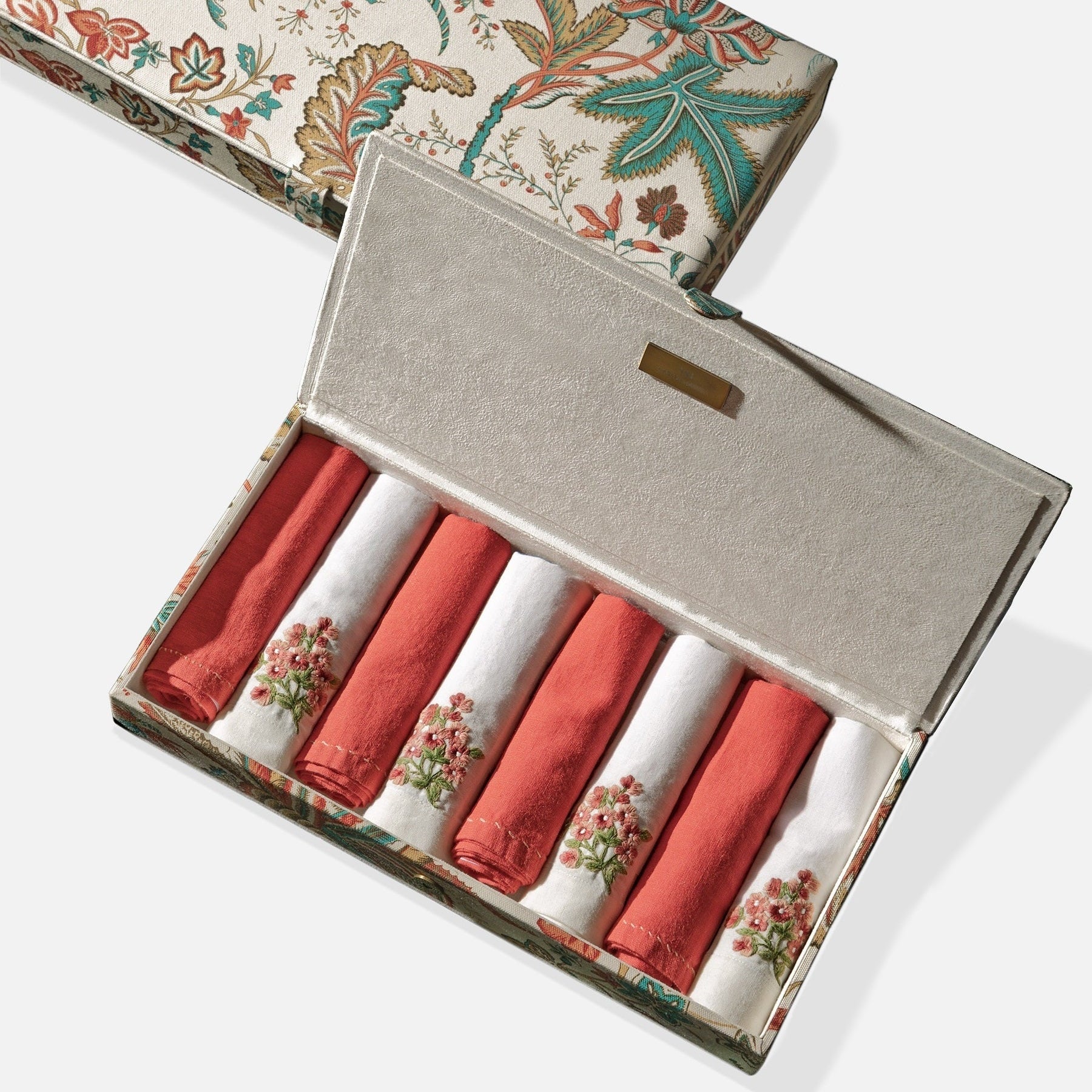 Ivory linen table napkins with coral embroidery set of 8, 46x46 cm embroidered table linen
