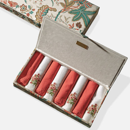 Ivory linen table napkins with coral embroidery set of 8, 46x46 cm embroidered table linen