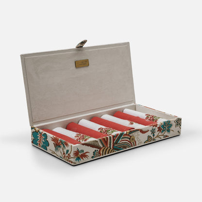 Elegant embroidered table napkins in neutral linen with fabric gift box