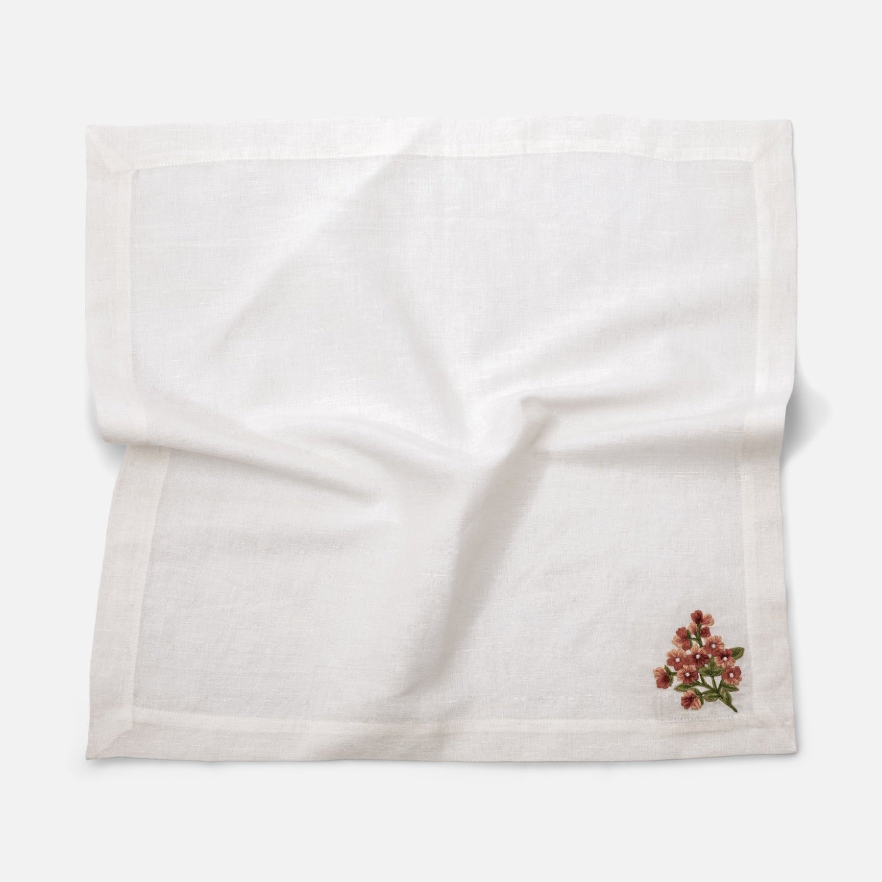 Embroidered linen table napkin set ivory coral