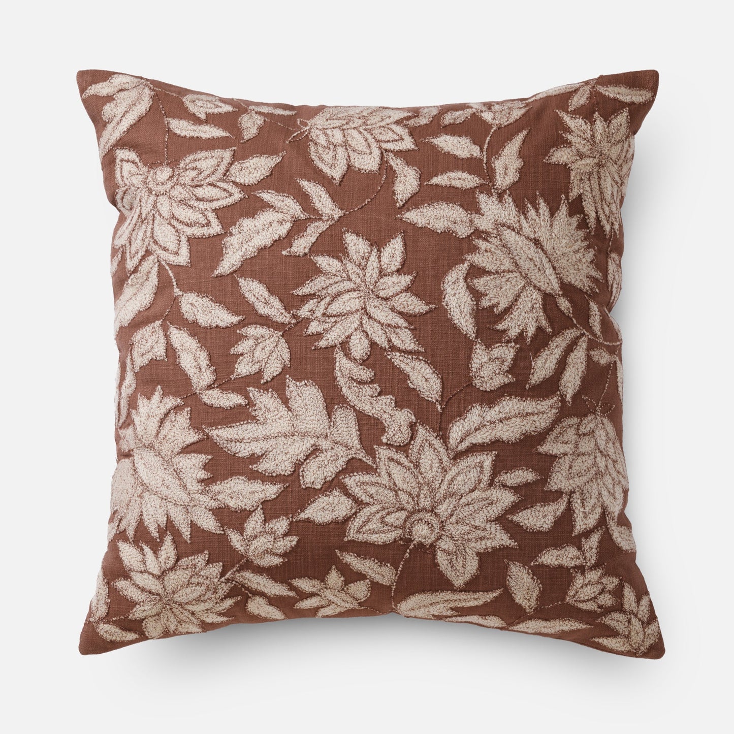 Rust cotton slub cushion with tonal embroidery texture, 51x51 cm warm decorative pillow.