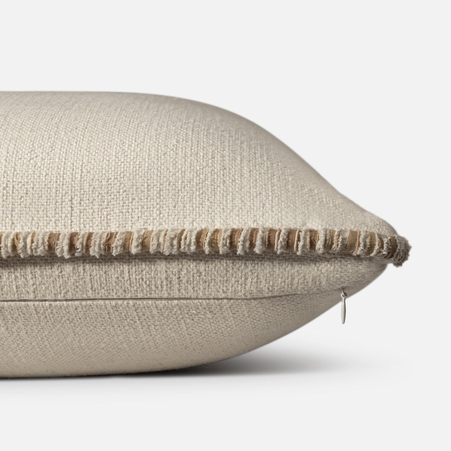 Neutral linen blend cushion border detail close up