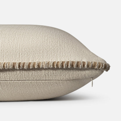 Neutral linen blend cushion border detail close up