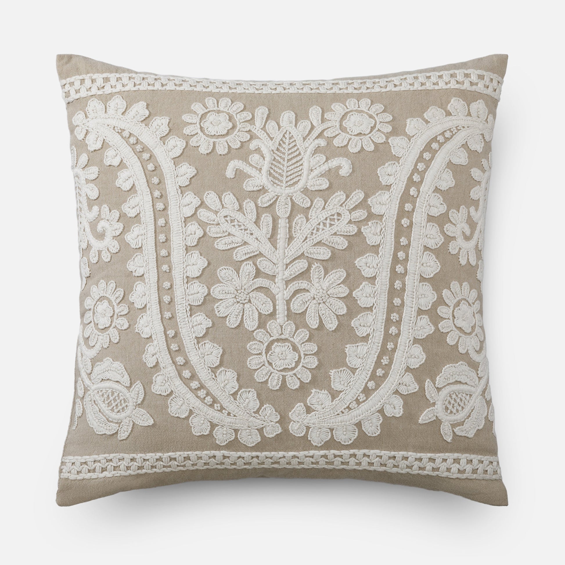 Sand cotton chambray cushion with tonal ivory embroidery pattern, 51x51 cm textured cushion.