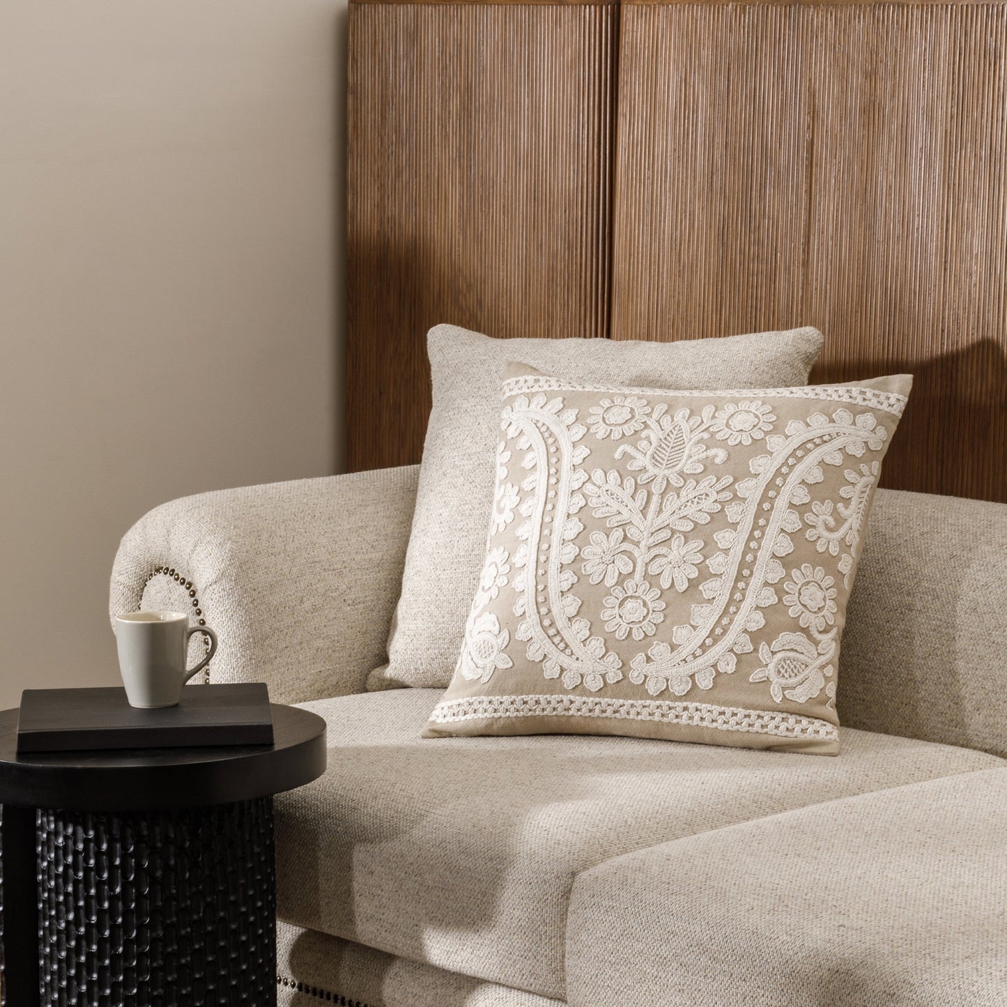 Textured chambray pillow styled in modern interior