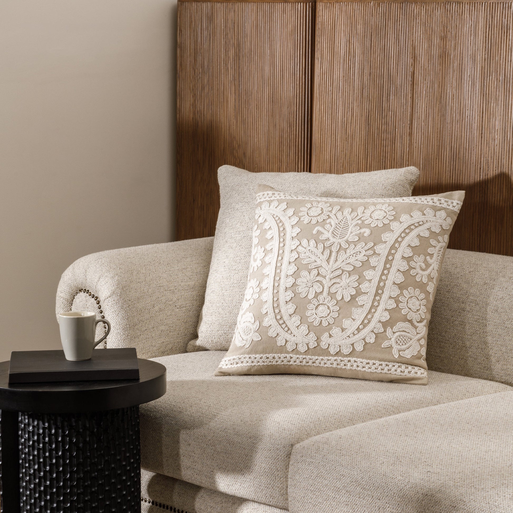 Textured chambray pillow styled in modern interior
