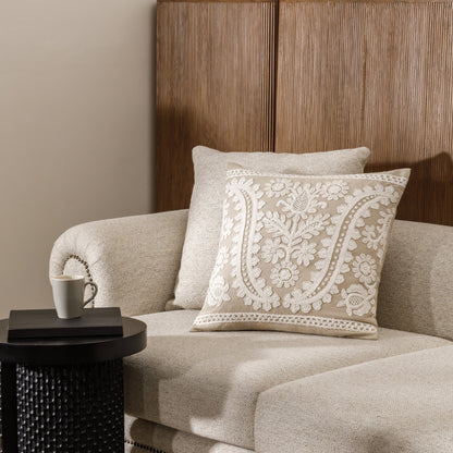 Textured chambray pillow styled in modern interior