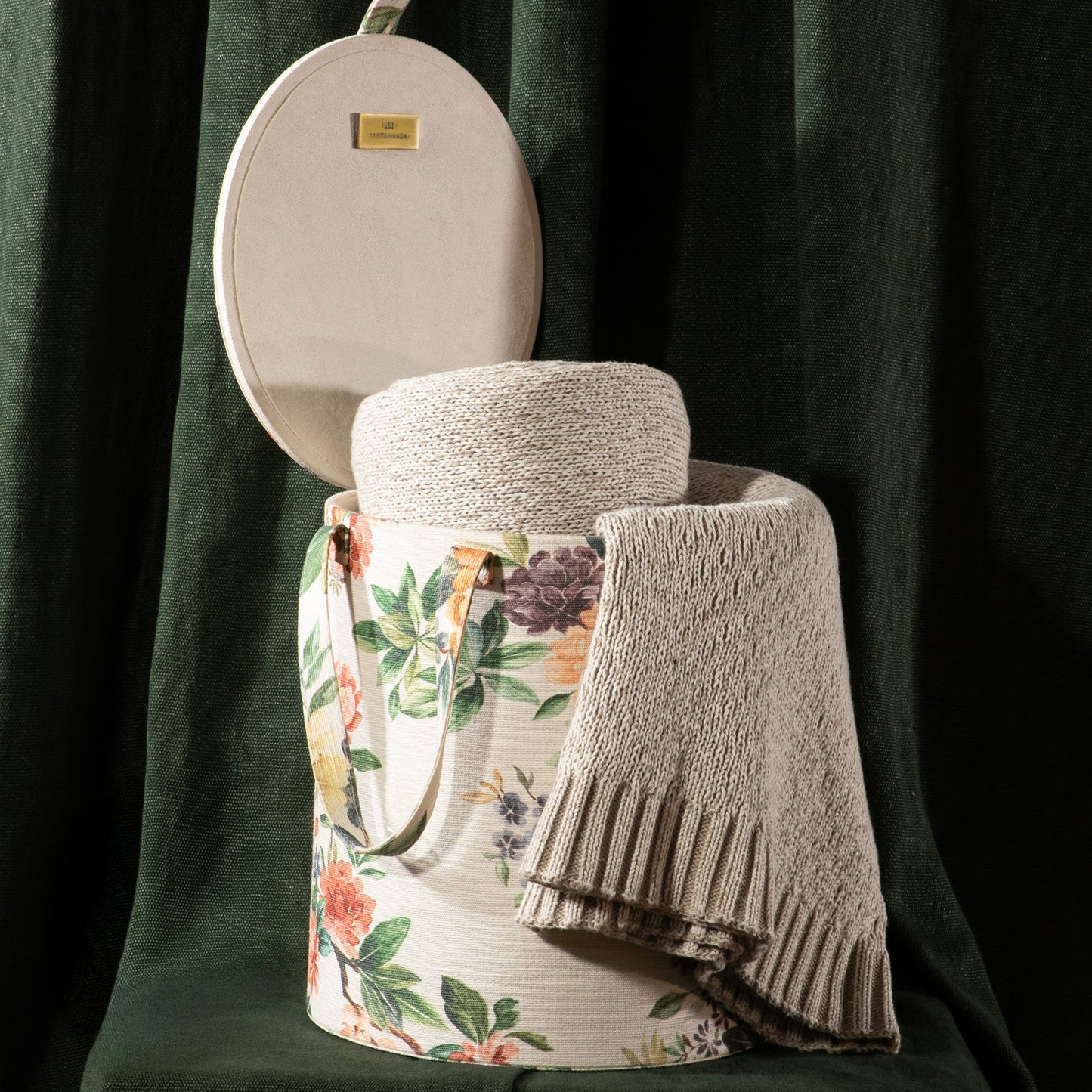Neutral throw draped over basket
