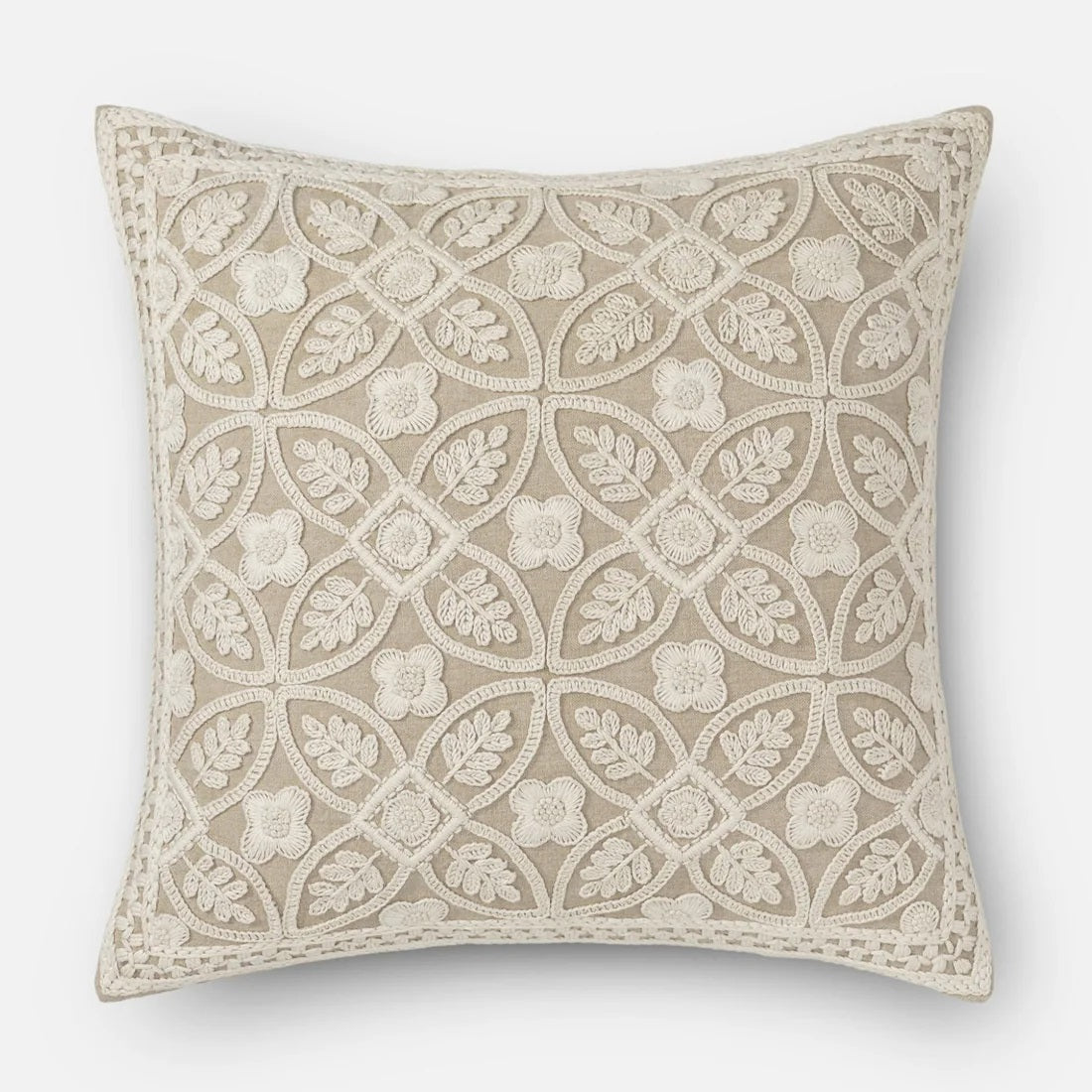 Ivory and sand cotton chambray cushion with geometric lattice embroidery, 51x51 cm.