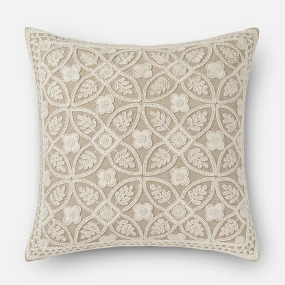 Ivory and sand cotton chambray cushion with geometric lattice embroidery, 51x51 cm.