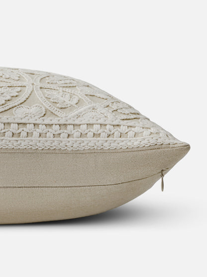Cotton chambray cushion with tonal geometric embroidery