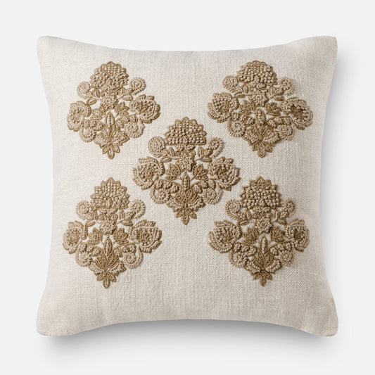 Beige linen blend cushion with raised tonal medallion embroidery, 46x46 cm textured pillow.