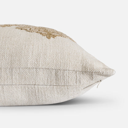 Linen cushion with dimensional embroidery detail
